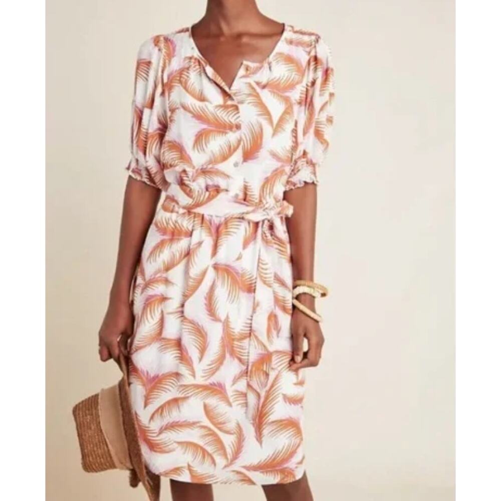 Anthropologie Nicole Puff-sleeved Linen-blend Shirt Dress Palm Print‎ 2X Plus